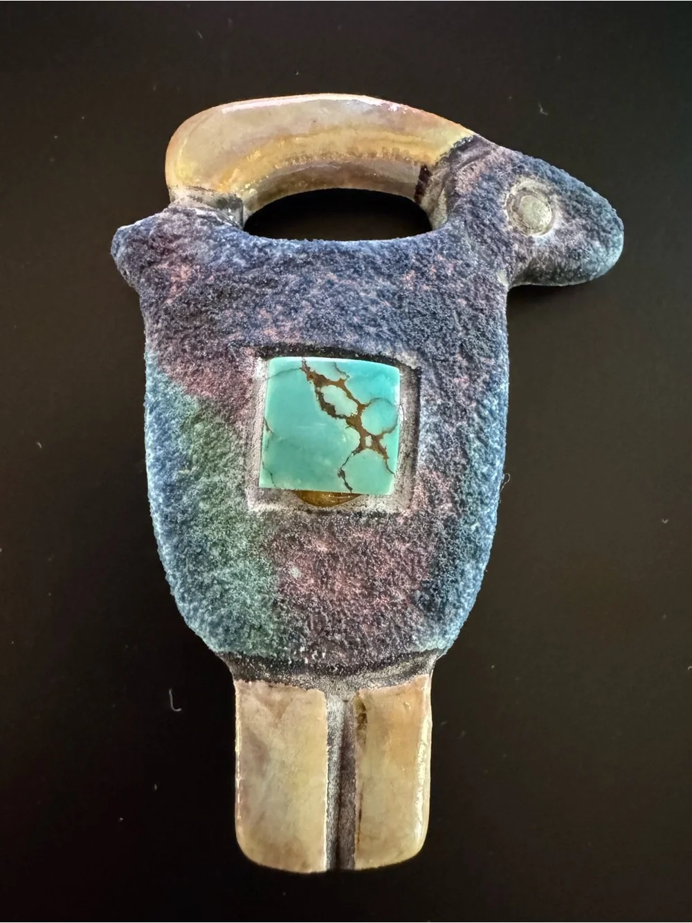 Vintage Southwestern Ceramic Brooch Turquoise Cabochon - Wearable Art Pin